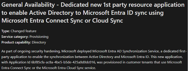 Screenshot of MIcrosoft announcement for the general availability of Microsoft Entra AD Synchronization Service
