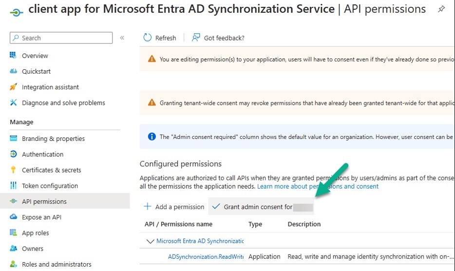 screenshot of client app for Microsoft Entra AD Synchronization Service API permissions