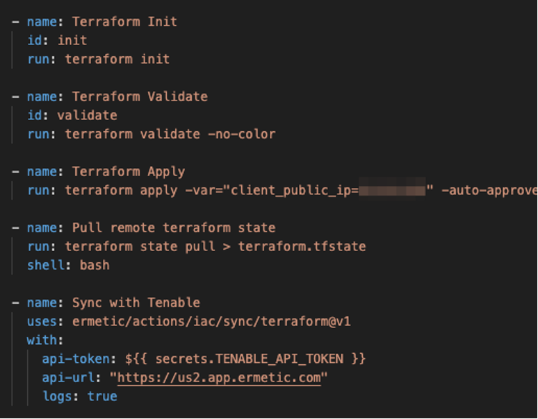  Snippet from GitHub Action which syncs Terraform state files with Tenable Cloud Security