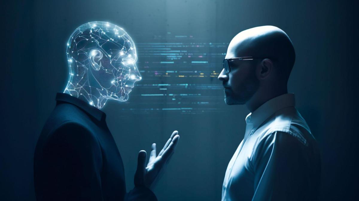 Illustration of a man and an AI humanoid standing face-to-face as digital information is shared by them