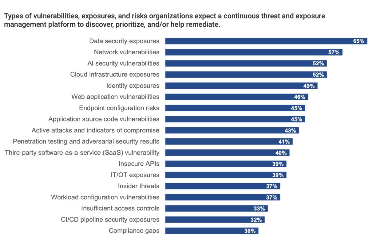 graphic showing types of vulnerabilities, exposures and risks organizations expect a continuous threat and exposure management platform to discover, prioritize and help remediate