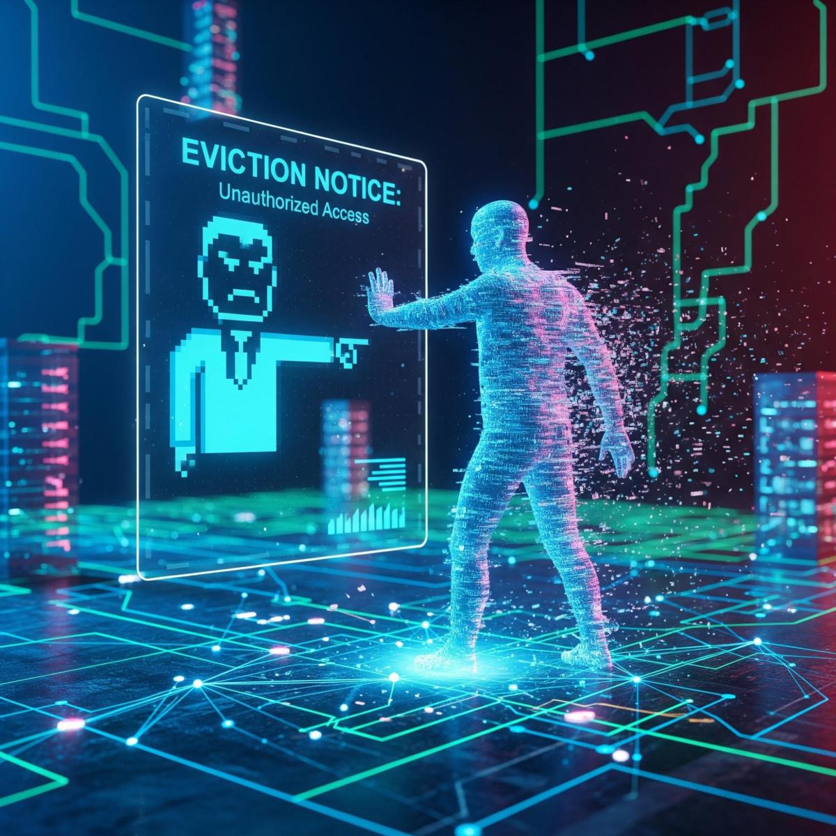 Illustration of a hacker evicted from a computer network