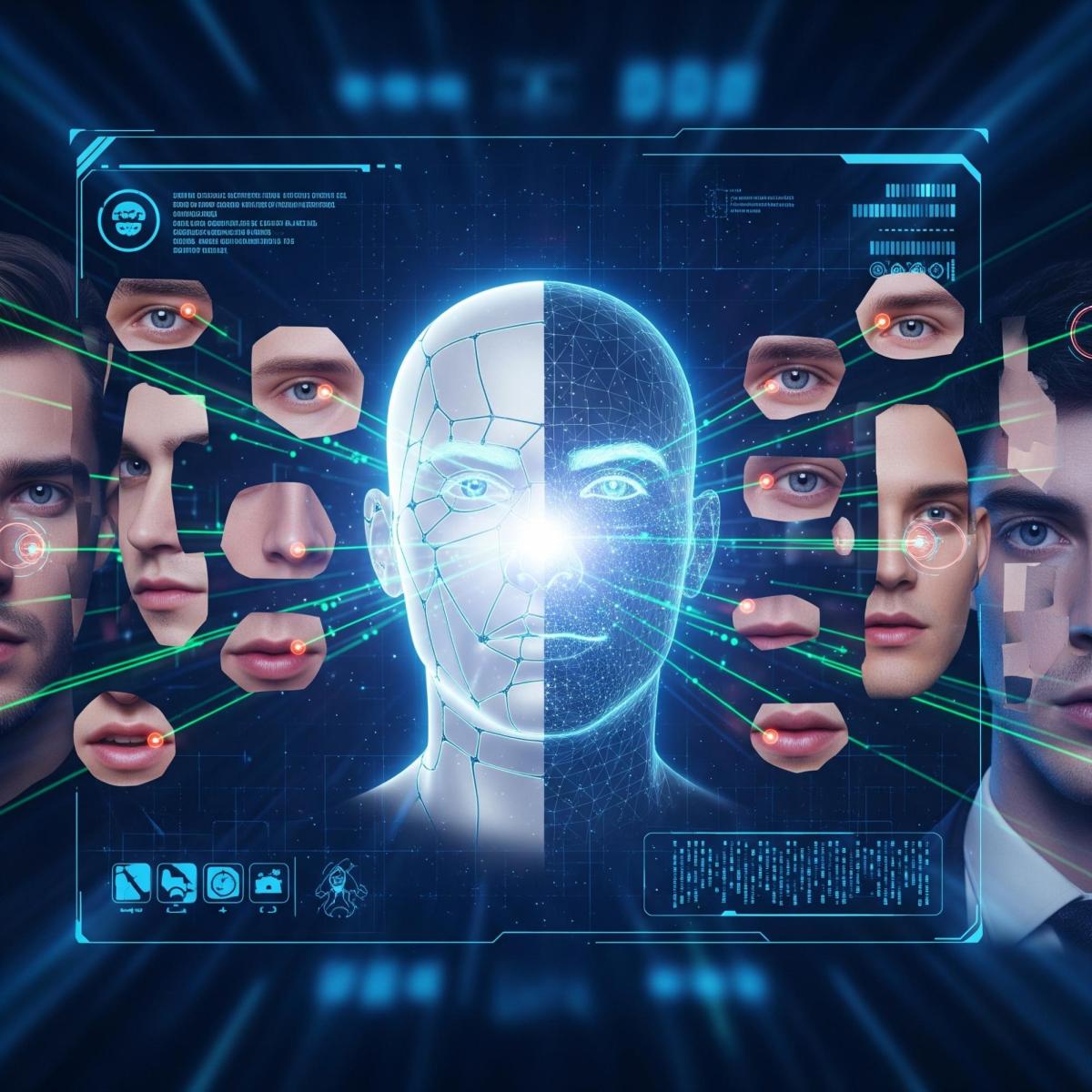 Illustration showing a digitally generated face flanked on both sides by fragments of the faces of multiple people