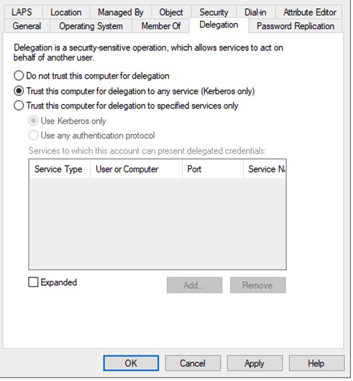 screenshot of Active Directory Delegation settings to show the cyber risks of unconstrained delegation