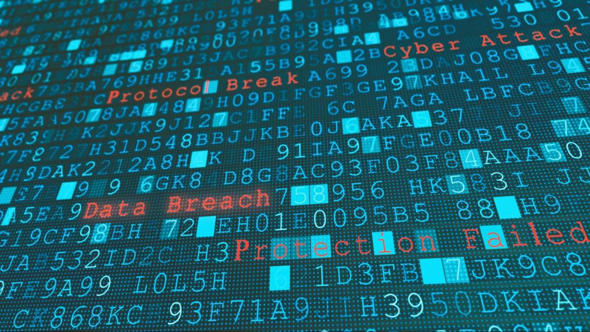 Illustration of blue alphanumeric characters interspersed with red terms like "Cyber Attack" and "Data Breach"