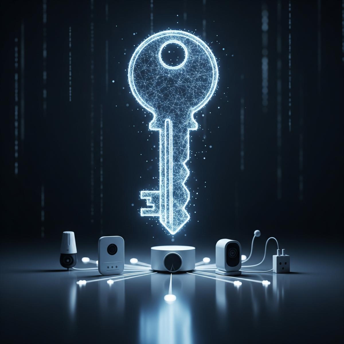 Image of a digital key floating above several IoT devices it's protecting