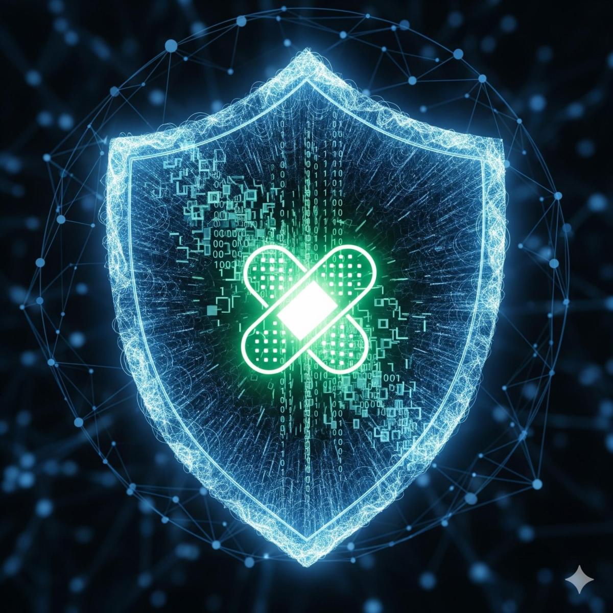 Illustration of a shield with bandages in the middle to illustrate software patches