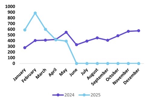 Plot chart from NCC Group showing ransomware attacks by month in 2024 and 2025 thru May