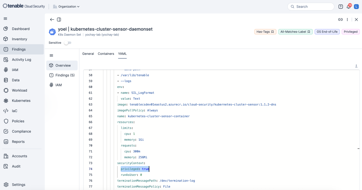 Screenshot of Tenable Cloud Security showing how to remove privileged container premissions