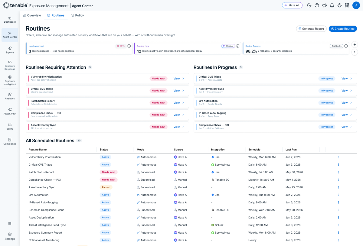 The Agent Center dashboard, part of Tenable Hexa AI, in Tenable One