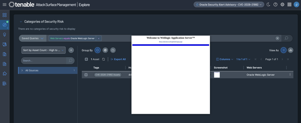 Tenable ASM Screenshot showing Oracle Weblogic Server filtering