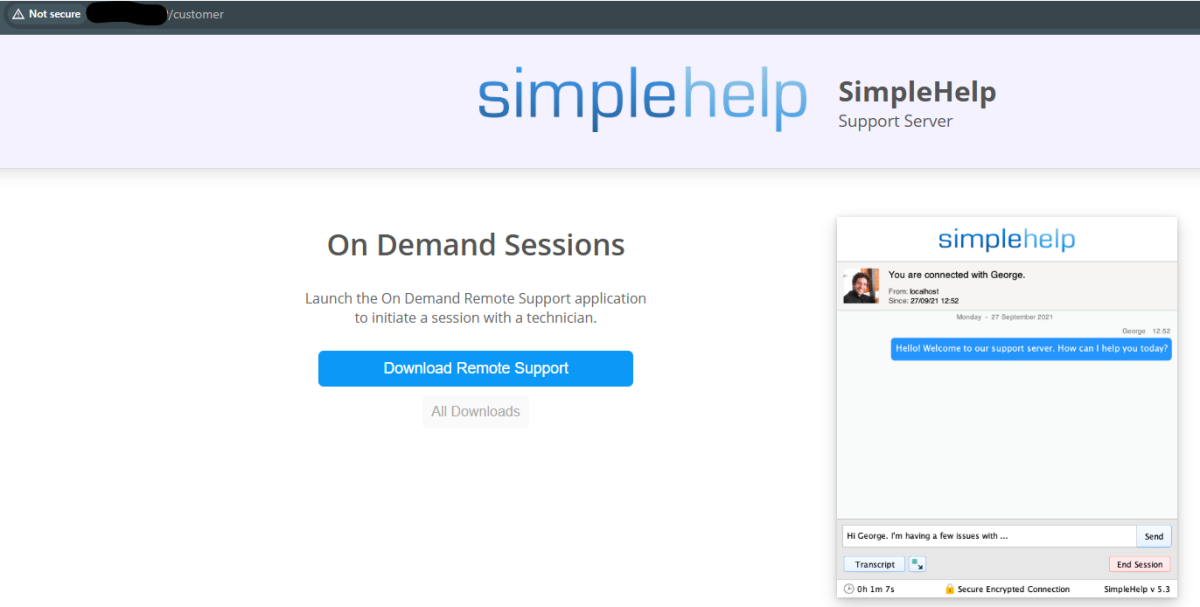 Screenshot of SimpleHelp's client download portal
