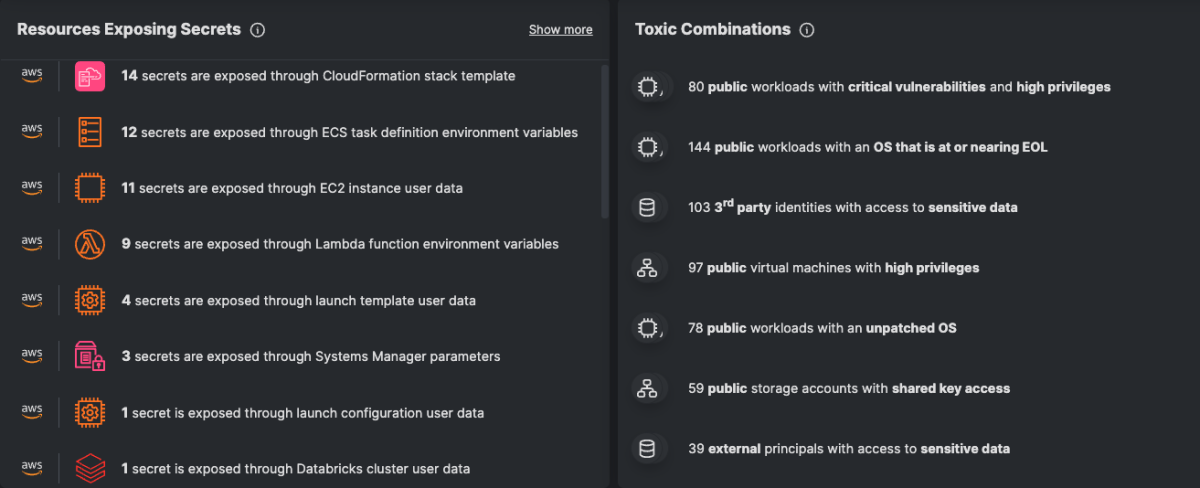 Tenable Cloud Security dashboard showing exposed secrets and toxic combinations of findings