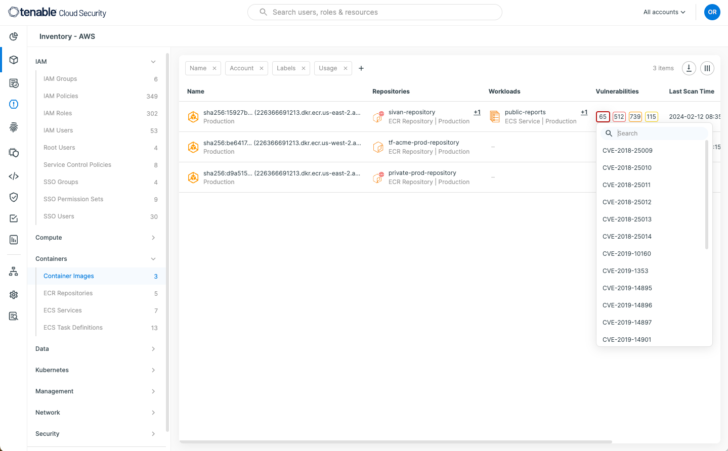 Tenable Container Security displays images with vulnerabilities