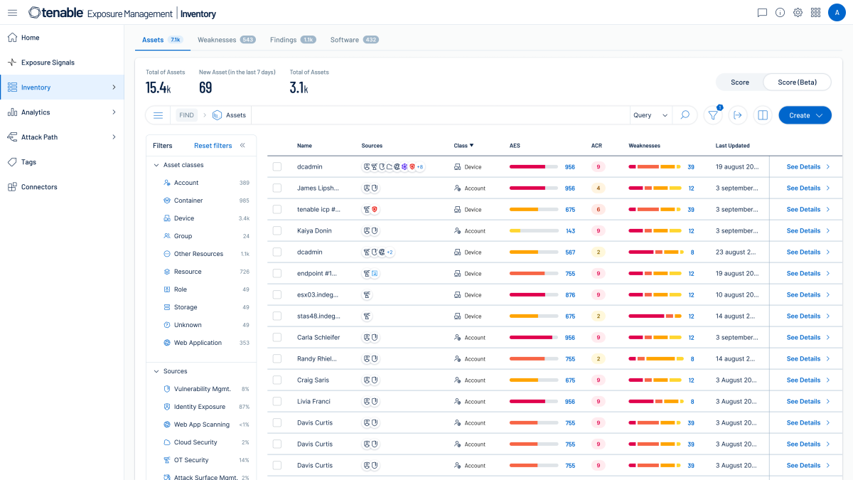 Tenable exposure management inventory view