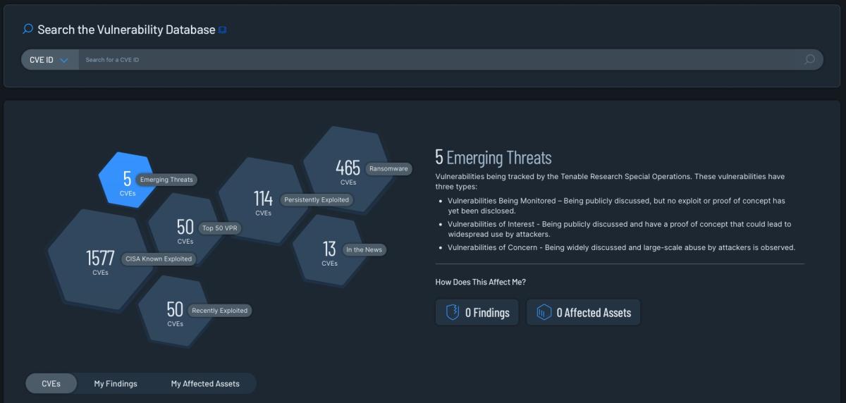 Tenable Vulnerability Management screenshot showing its vulnerability database