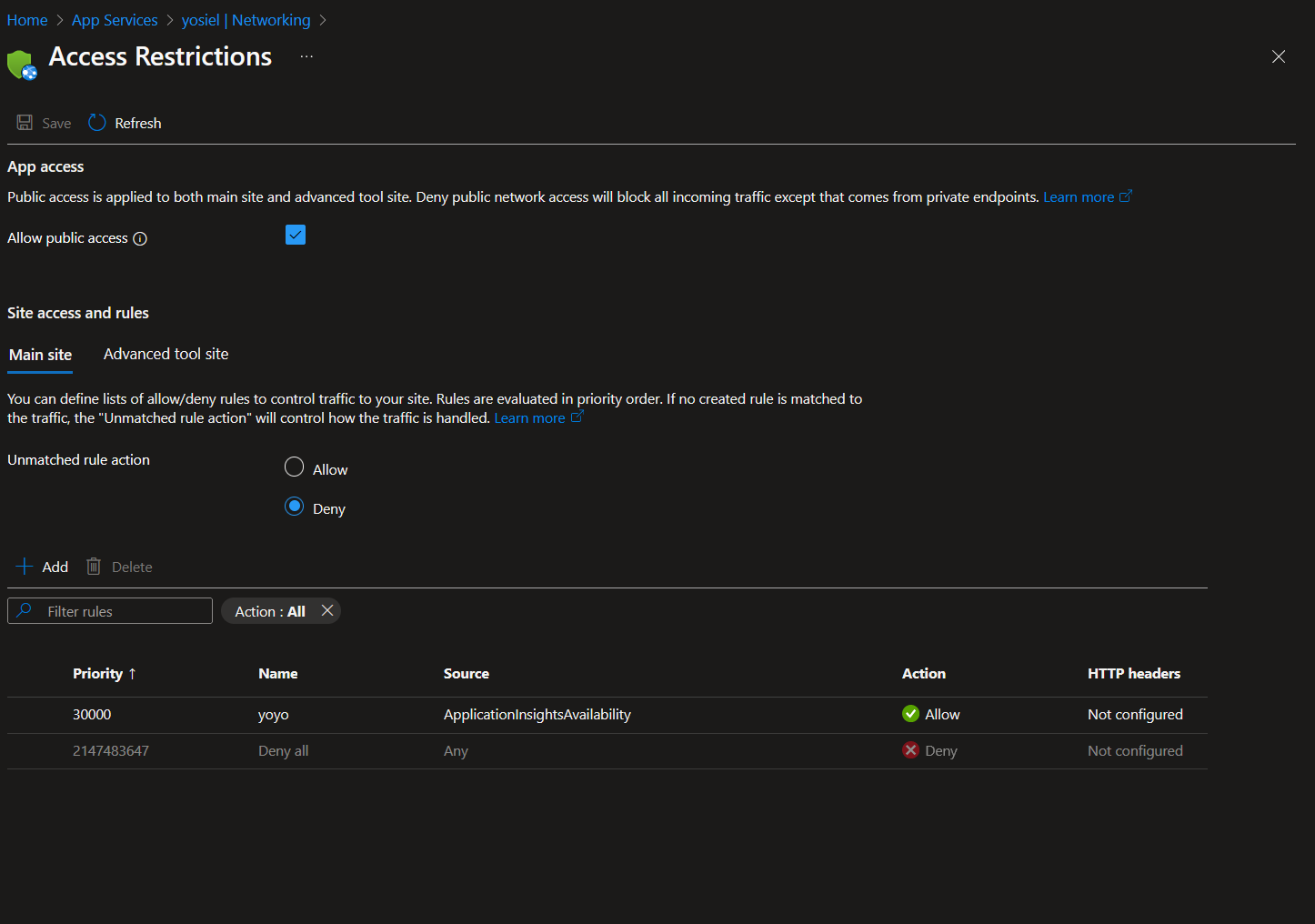 Box reveals example of applying access restrictions to only allow the ApplicationInsightsAvailability Service tag