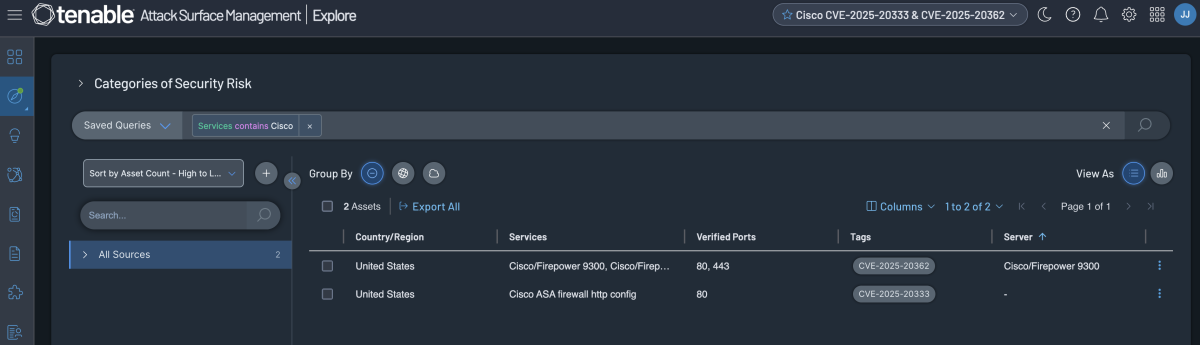 A screenshot of the Tenable Attack Surface Management search query for Cisco devices displaying example results.