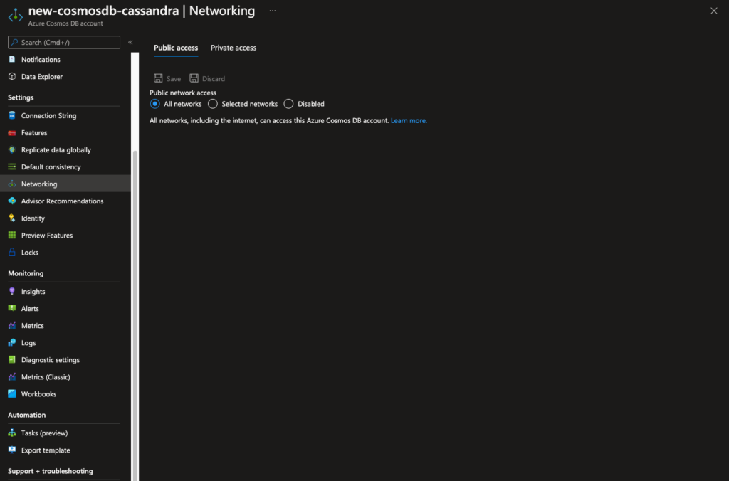 Configuring the CosmosDB server to have public network access for all networks