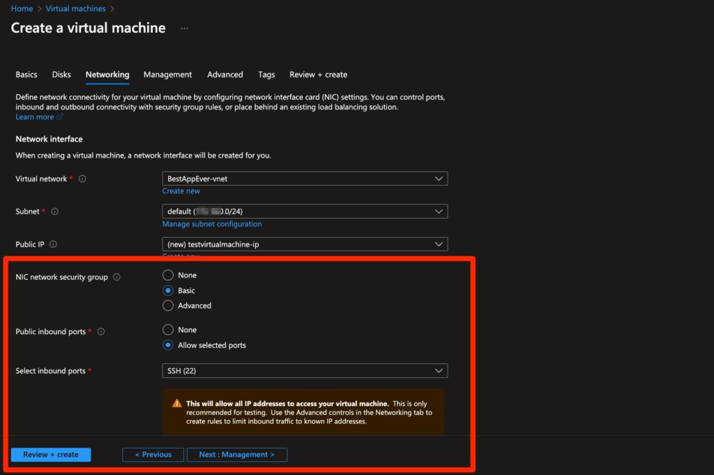 “Basic” configuration for an NSG created for a VM instance