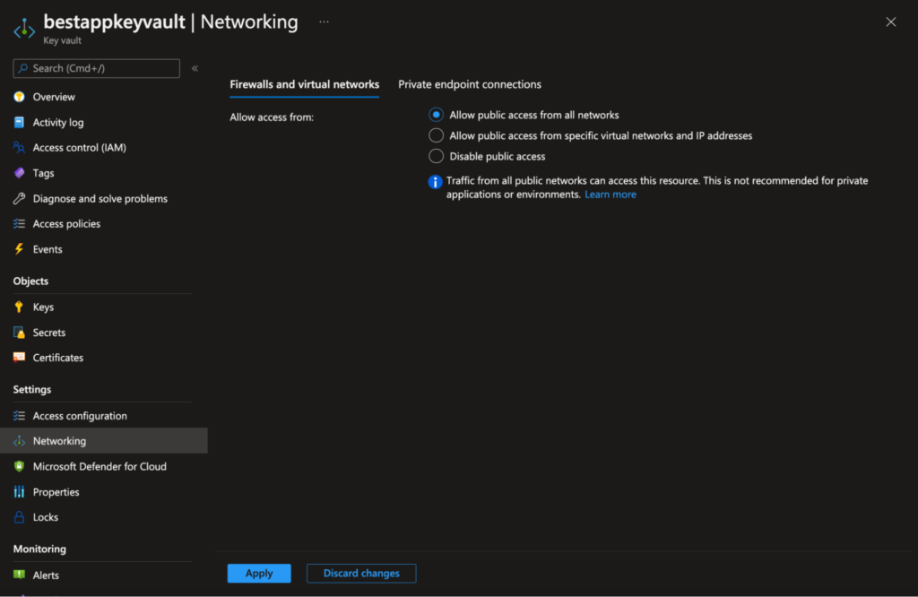 Default configuration of Azure Key Vault firewall