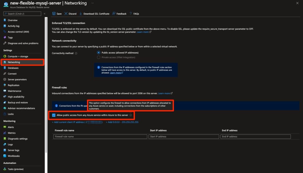 Azure MySQL Flexible server configuration network blade - Explanation that appears when hovering over the information icon of the “Allow public access from any Azure service within Azure to this server” checkbox item