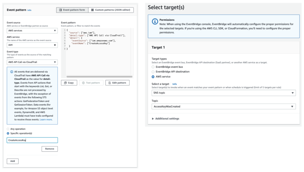 Screenshots showing creation of an EventBridge rule to trigger an SNS topic that sends an email upon creation of an access key