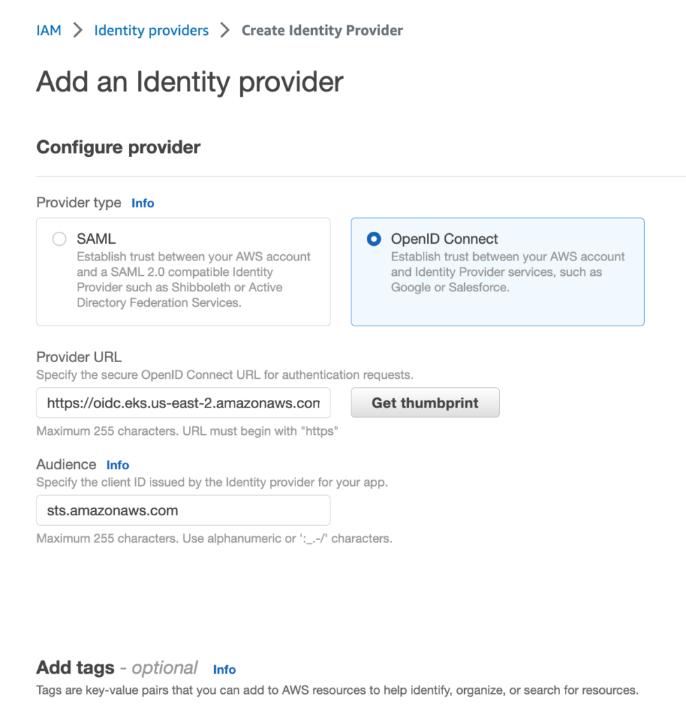 Creating an OIDC provider for the EKS cluster in the console