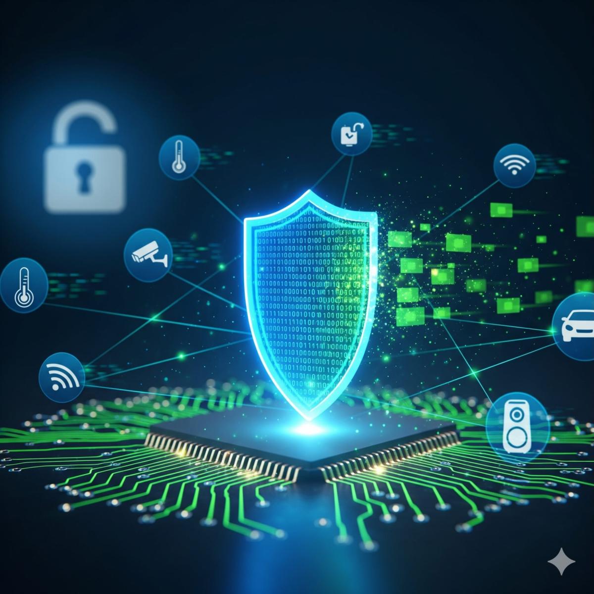 Image of shield filled with ones and zeros on top of a network computer chip with circles around the shields filled with internet-of-things icons