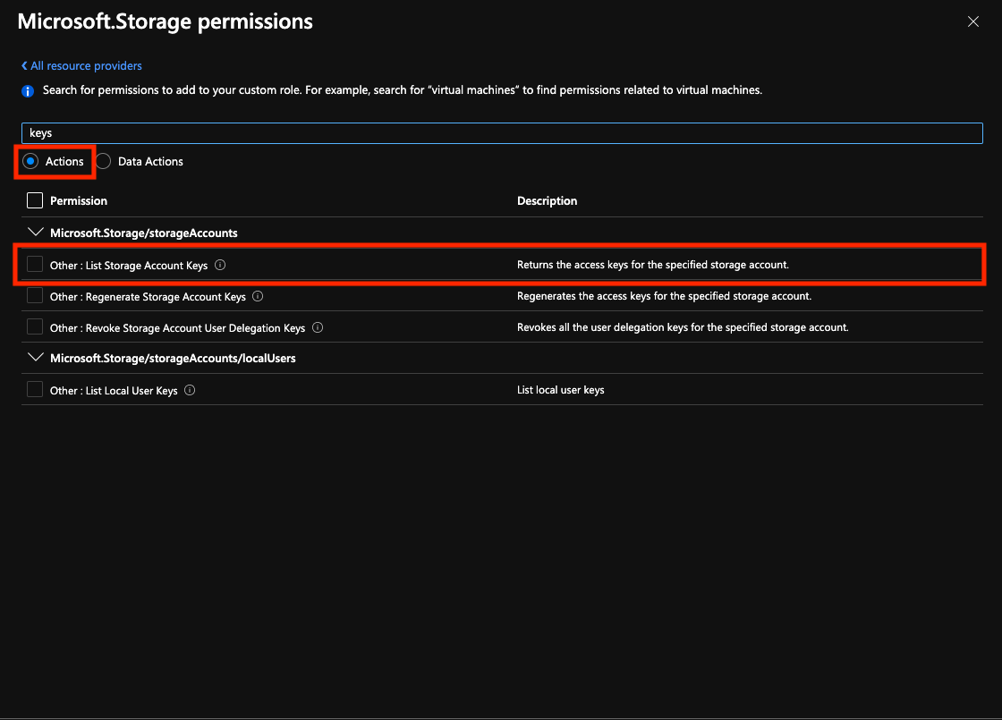 The List Storage Account Keys action, found in the Actions section of role creation is a control plane action