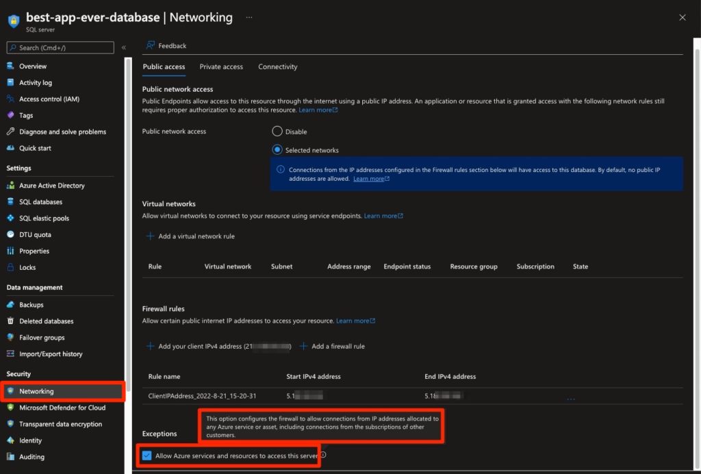 Azure SQL Servers networking blade - Explanation that appears when hovering over the information icon of the “Allow Azure services and resources to access this server” checkbox item