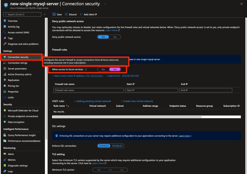 Hovering over the information icon of the “Allow access to Azure services” checkbox in the “Connection security” blade of MySQL single server