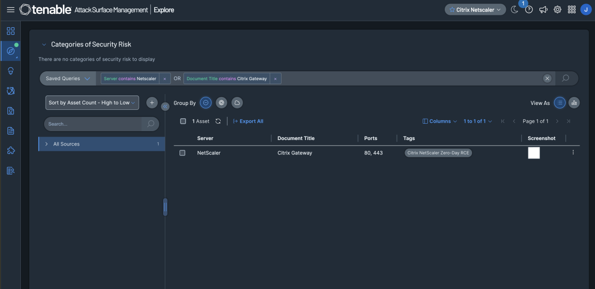 A screenshot of Tenable Attack Surface Management query for Citrix NetScaler devices