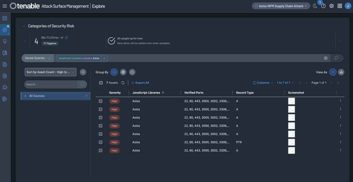 Screenshot of the Tenable Attack Surface Management Explore interface showing a query filtered by "JavaScript Libraries contains Axios."