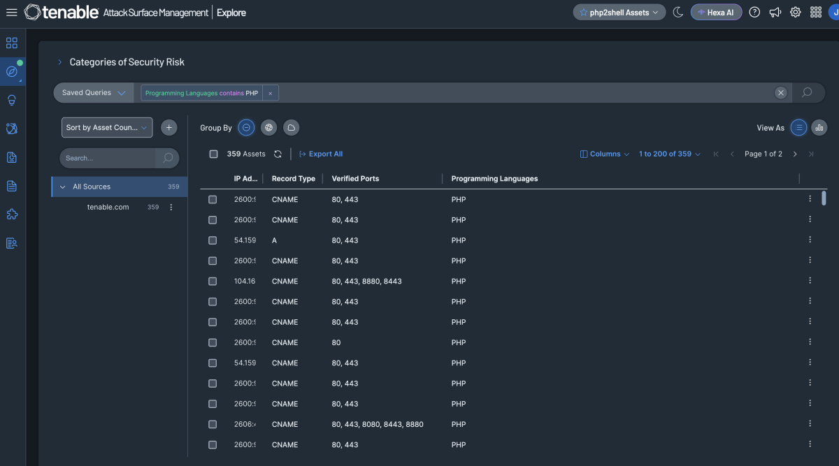 A screenshot of Tenable Attack Surface Management query for PHP assets