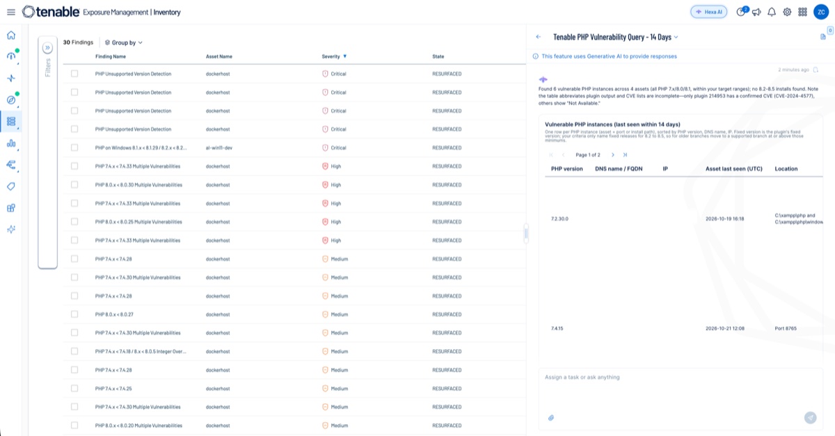 A screenshot of Tenable Hexa AI results listing assets running vulnerable PHP versions.