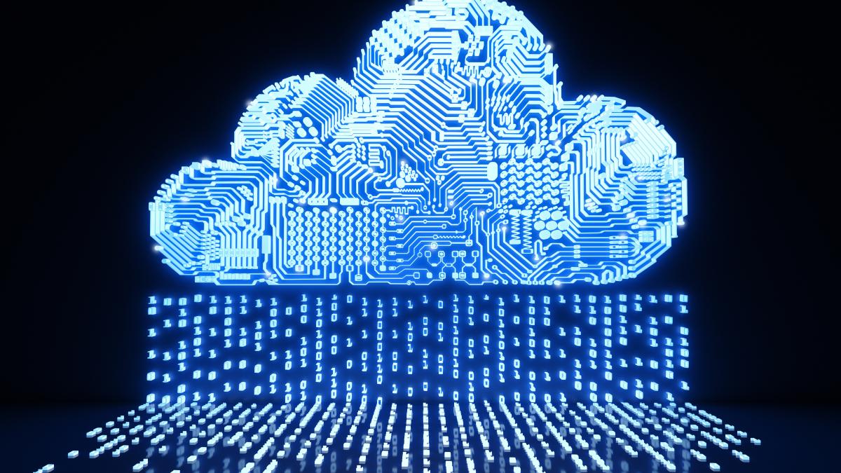 image of white cloud composed of lines of code that are also shown raining down from the cloud on a dark blue background