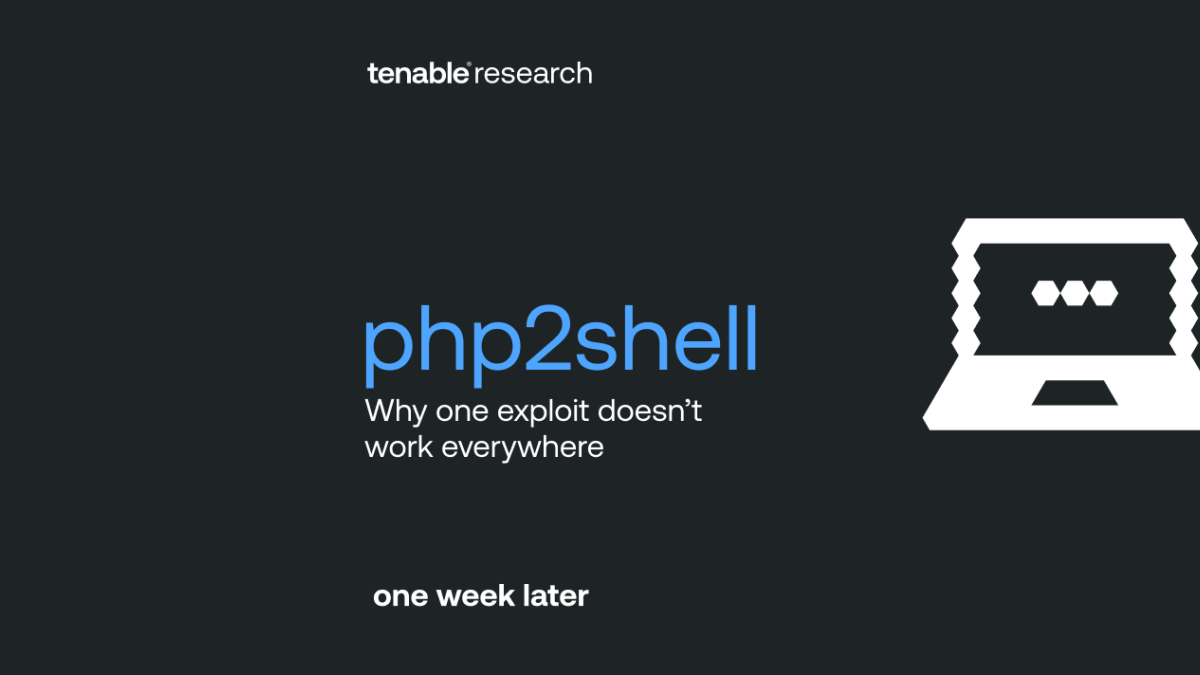 Tenable Research blog header image for “php2shell: Why one exploit doesn’t work everywhere,” with a laptop icon showing a command prompt.