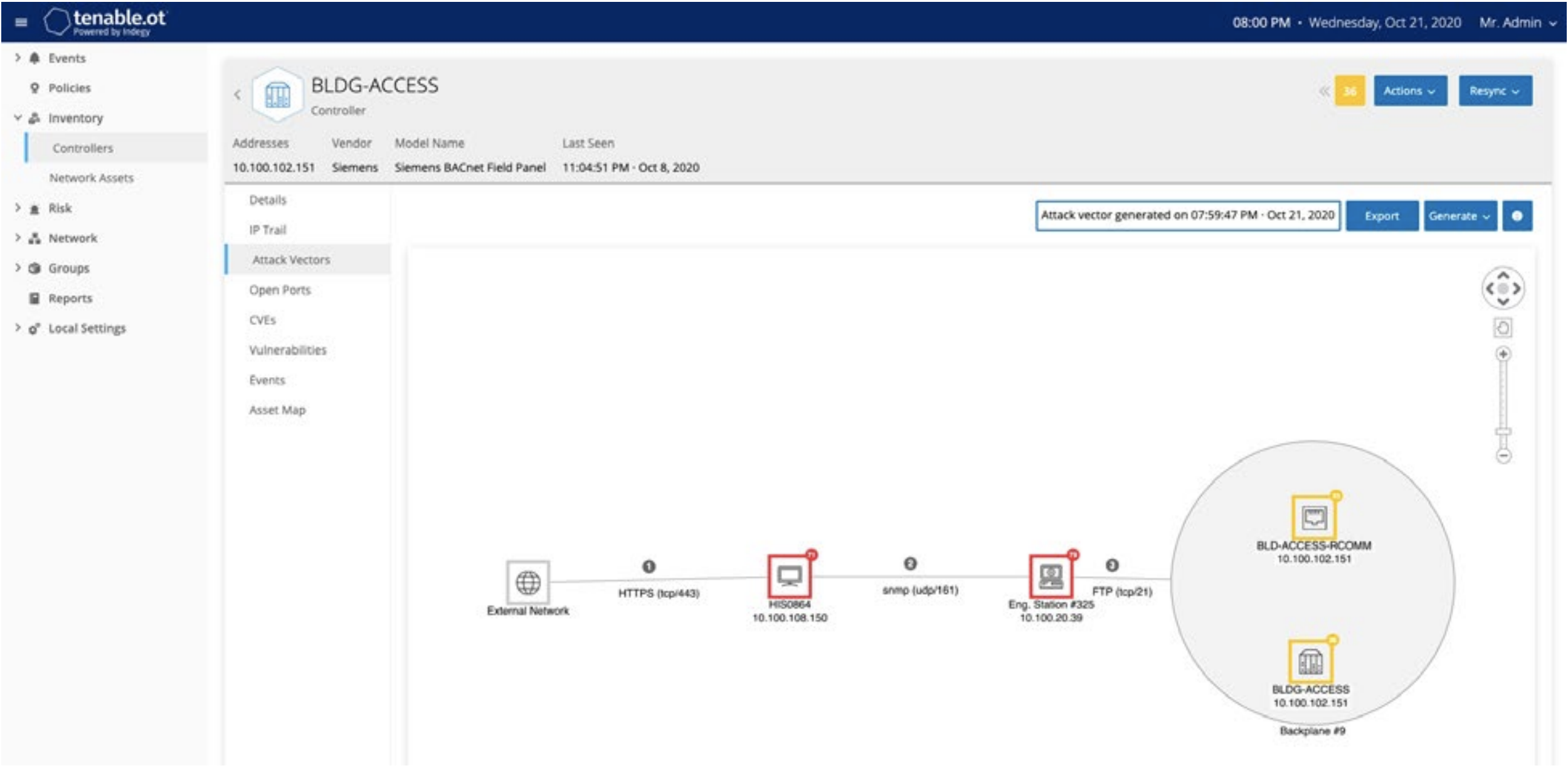 Attack Vector view of industrial controllers within Tenable.ot