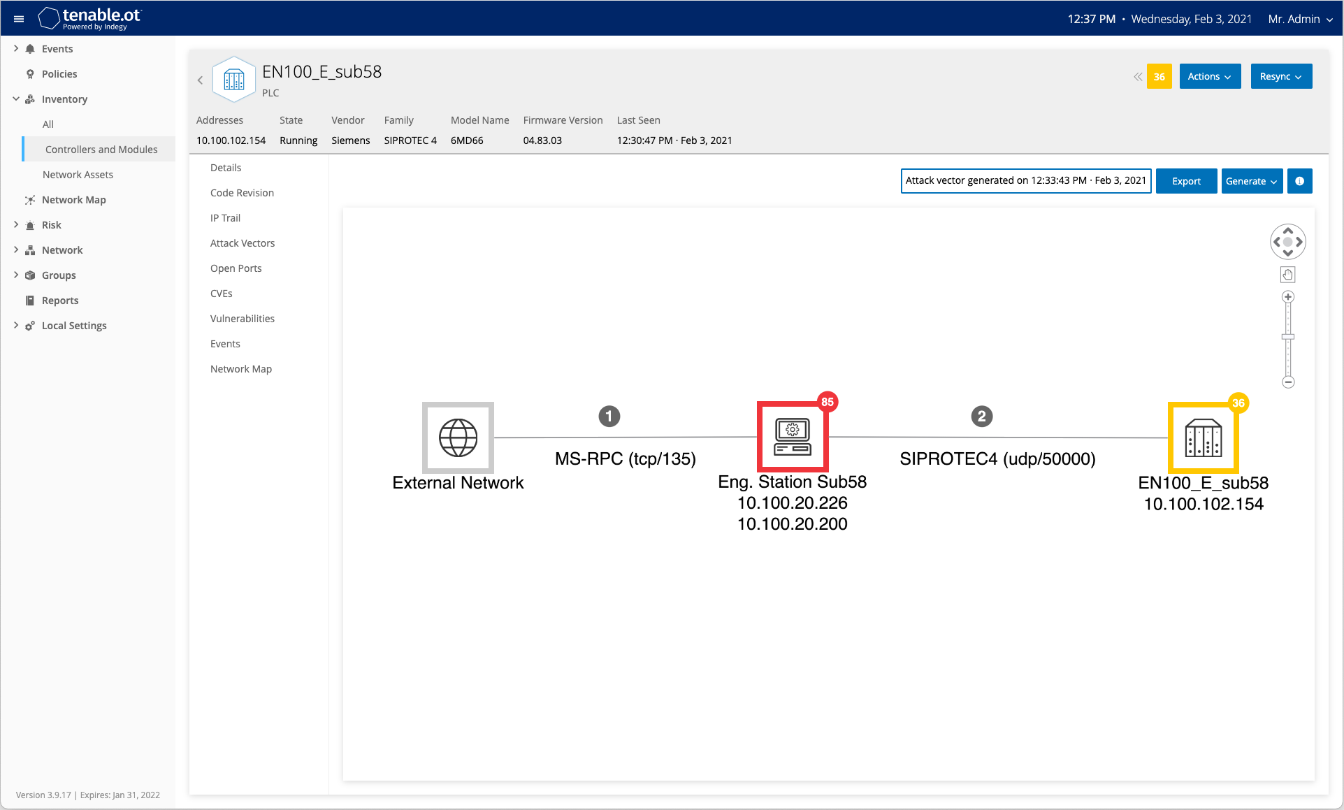 Screenshot of attack vectors in Tenable.ot