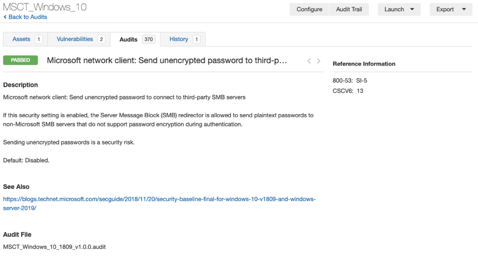 Tenable.io and Nessus Professional include recently created audits for the security baselines included within the Microsoft Security Compliance Toolkit