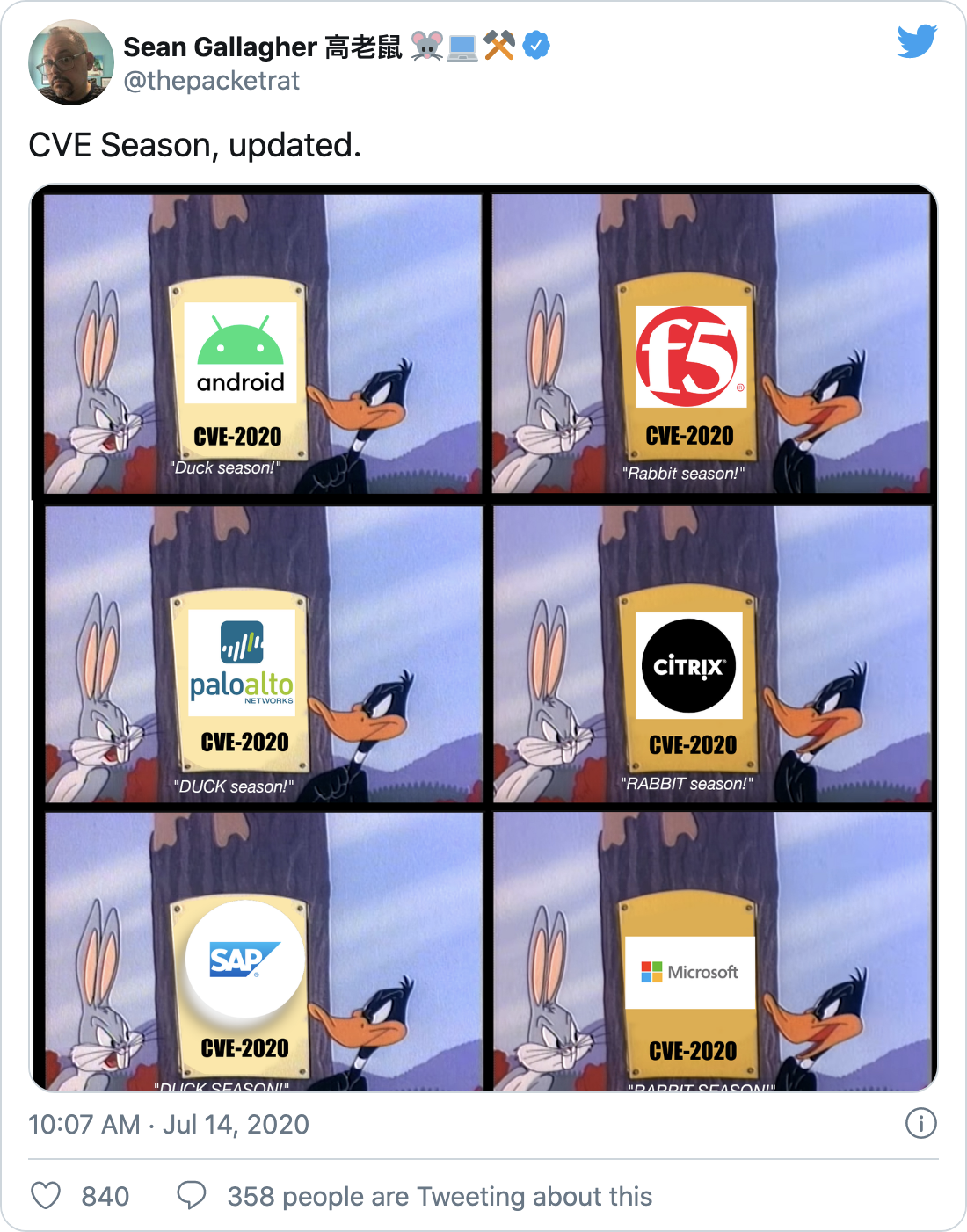 Tweet screenshot from Sean Gallagher - "CVE Season, updated"