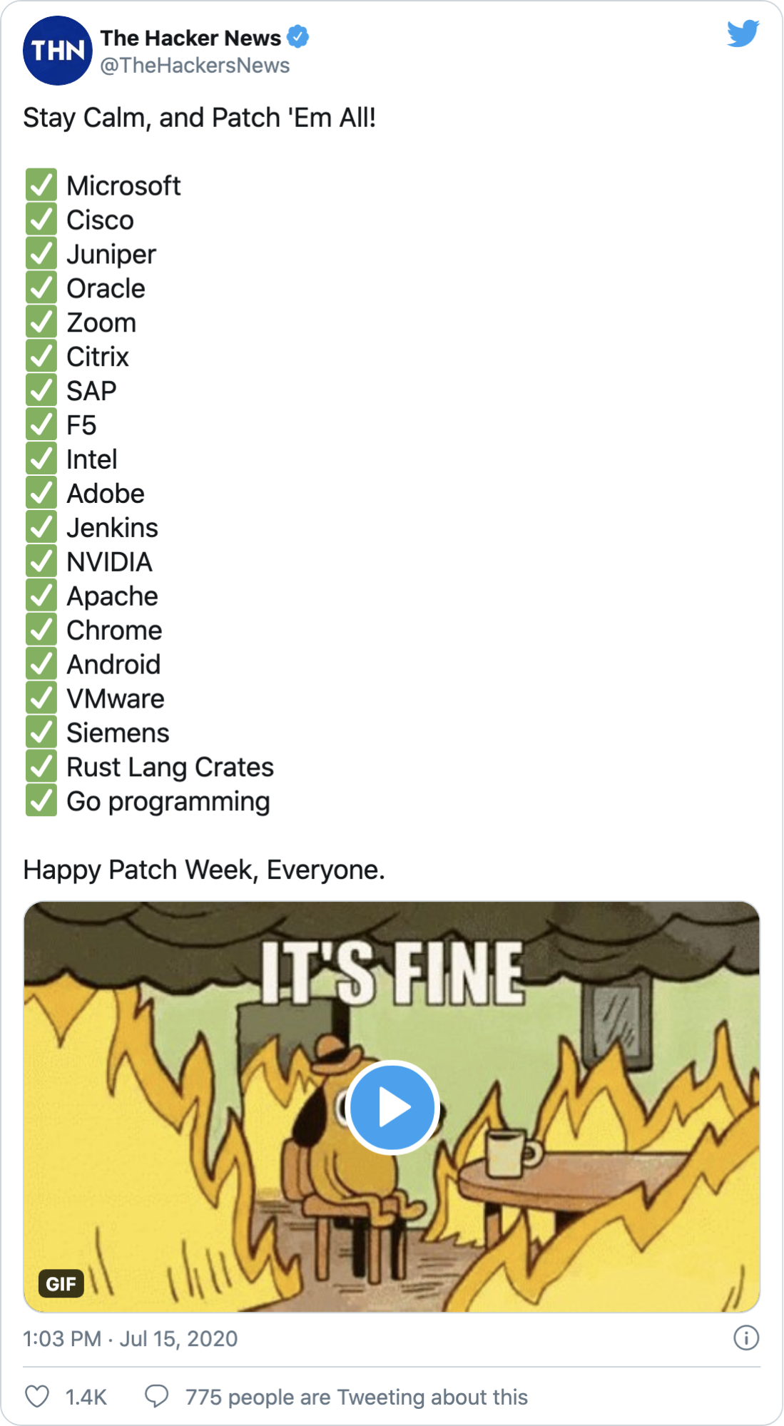 Tweet screenshot from The Hacker News - "Happy Patch Week, Everyone"