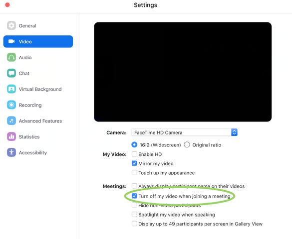 How to disable automatic video in Zoom