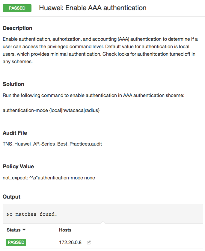 A Huawei device passes the check because AAA authentication is enabled.