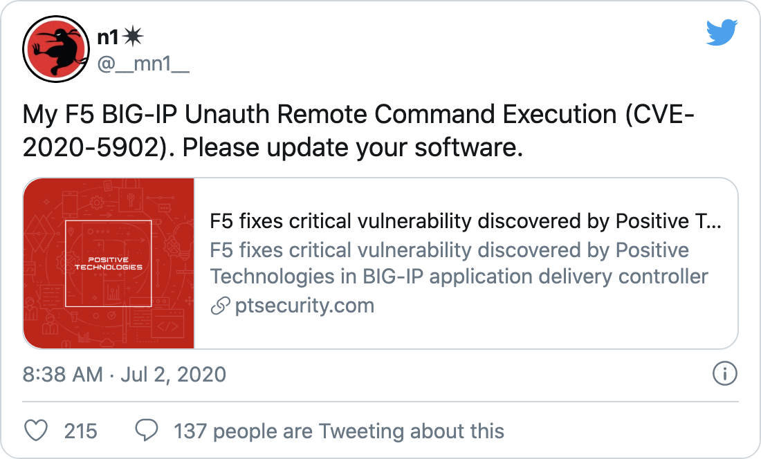 Initial vulnerability disclosure - tweet by Mikhail Klyuchnikov