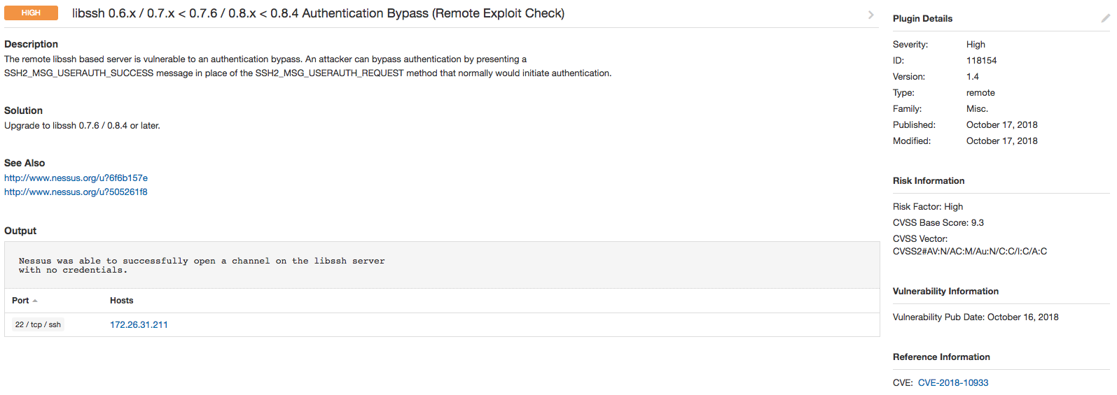 Output of Tenable plugin 118154, the exploit plugin