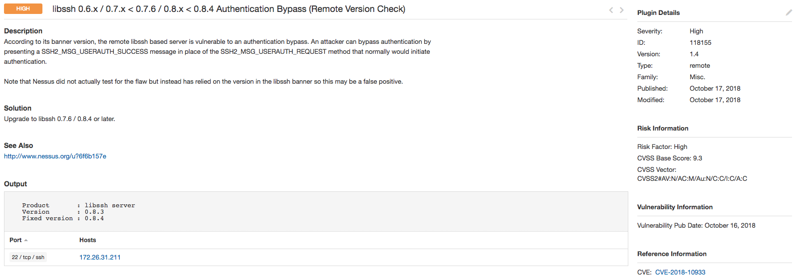 Output of Tenable plugin 118155, which checks the libssh version