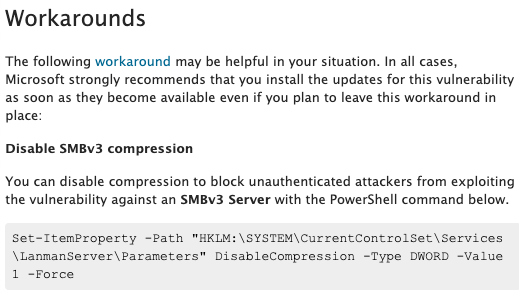 Microsoft workaround for SMBv3