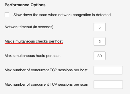 パフォーマンスメニュのオプション -  Nessus の Advanced Policy Settings 